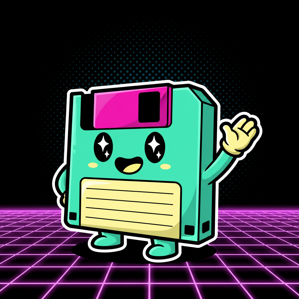 Bright Floppy mascot waving on a neon perspective grid