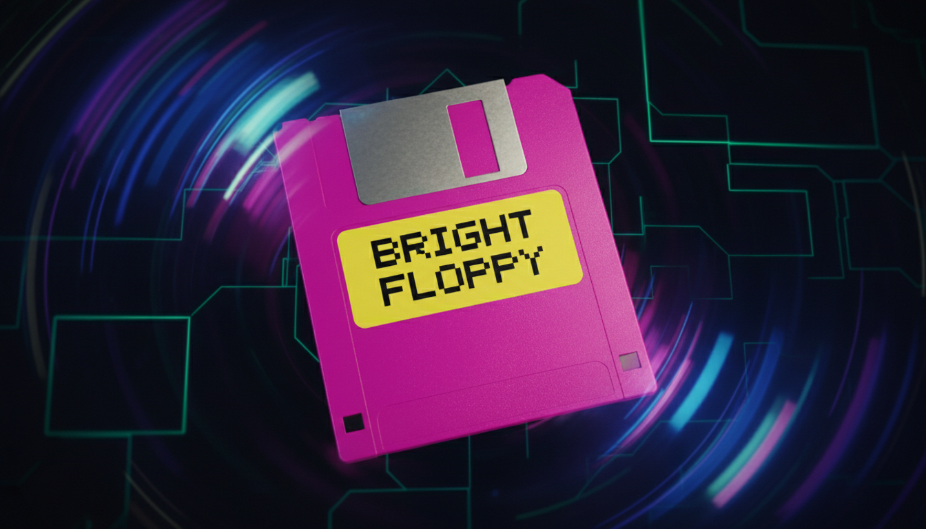 Bright Floppy 3D floppy disc in a neon vortex